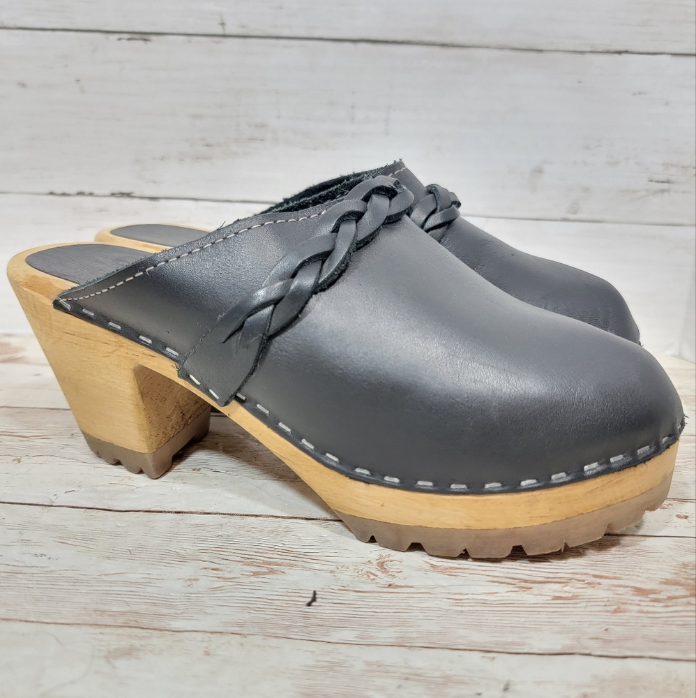 MIA Gray Leather Clogs with Wooden Heel